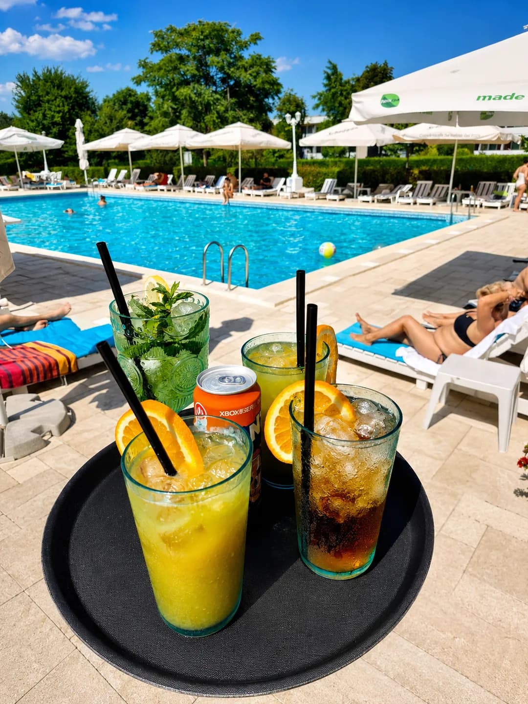 Tavă cu băuturi răcoritoare la marginea piscinei